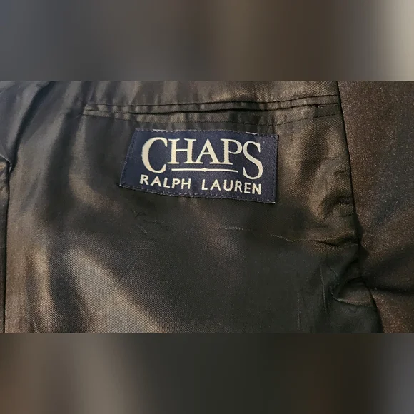 Chaps Ralph Lauren Black Tuxedo Jacket 42L Pants 35 X 30 Satin Lapels & Stripes